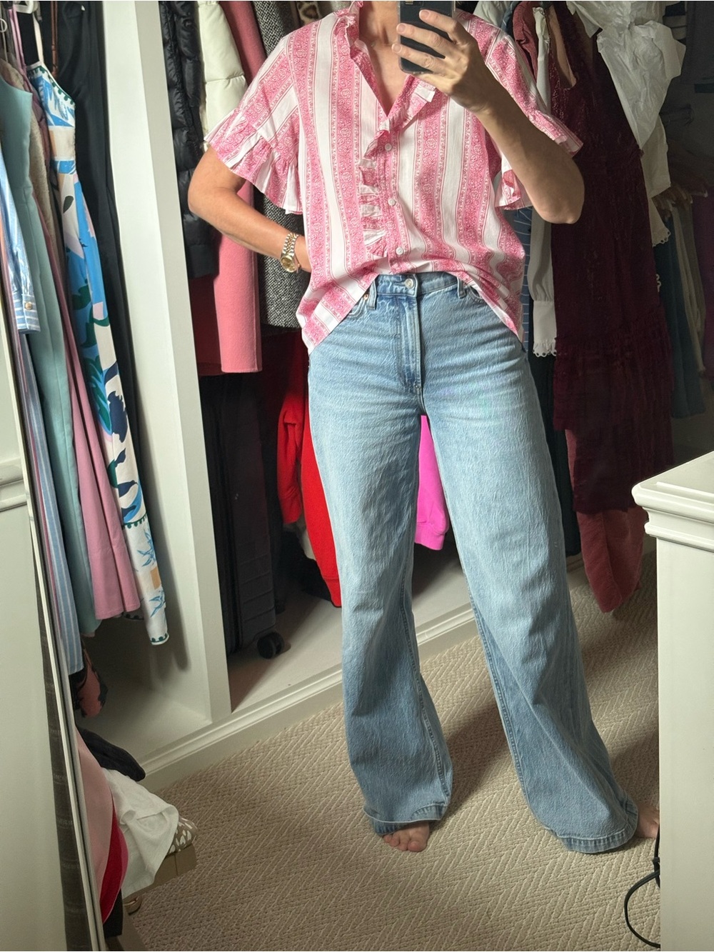 Striped Pink Short-Sleeve Button Down Shirt - Women’s Casual